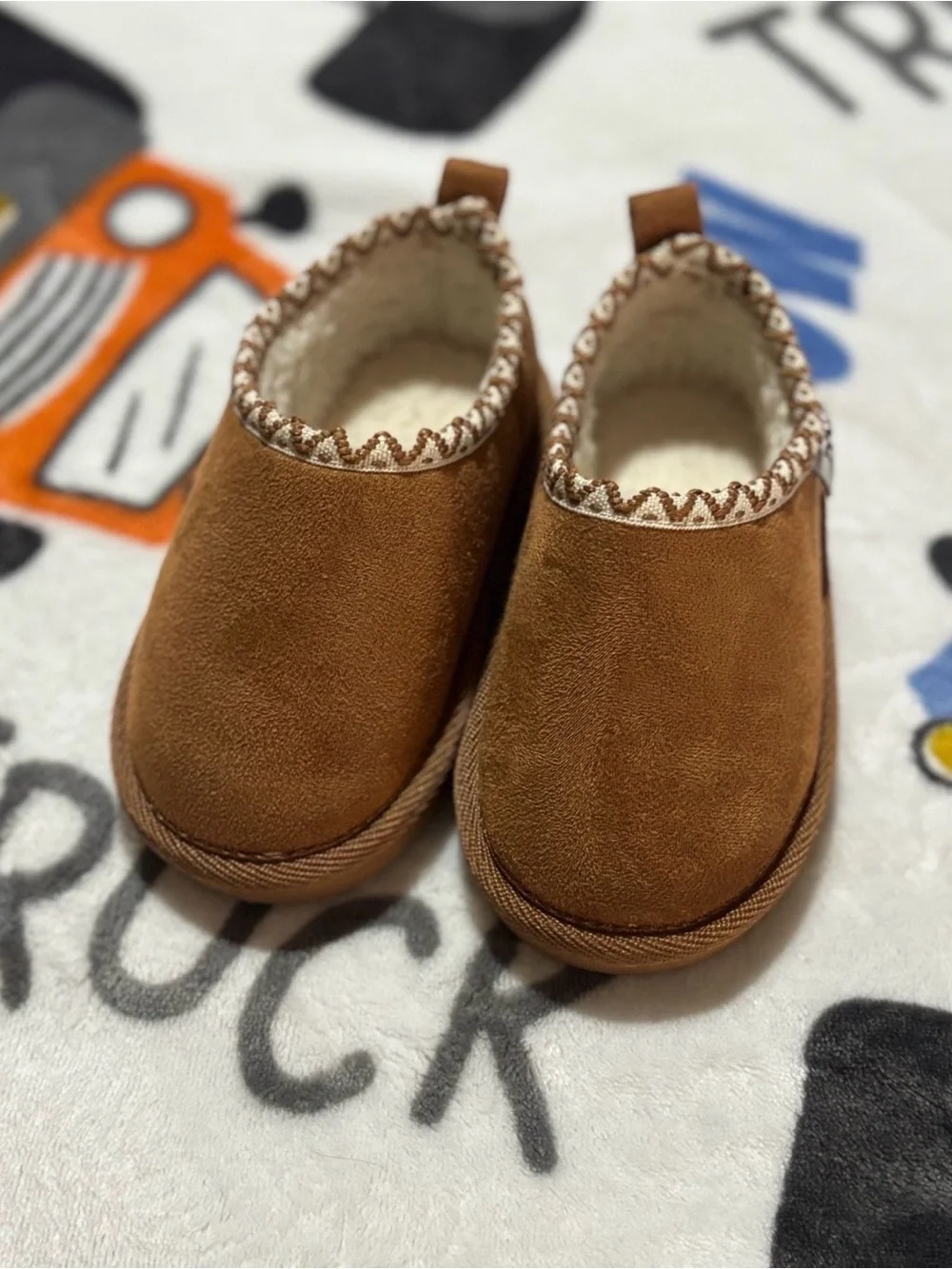 PAWZ Kids Tan Slip-On Fleece-Lined Slippers
